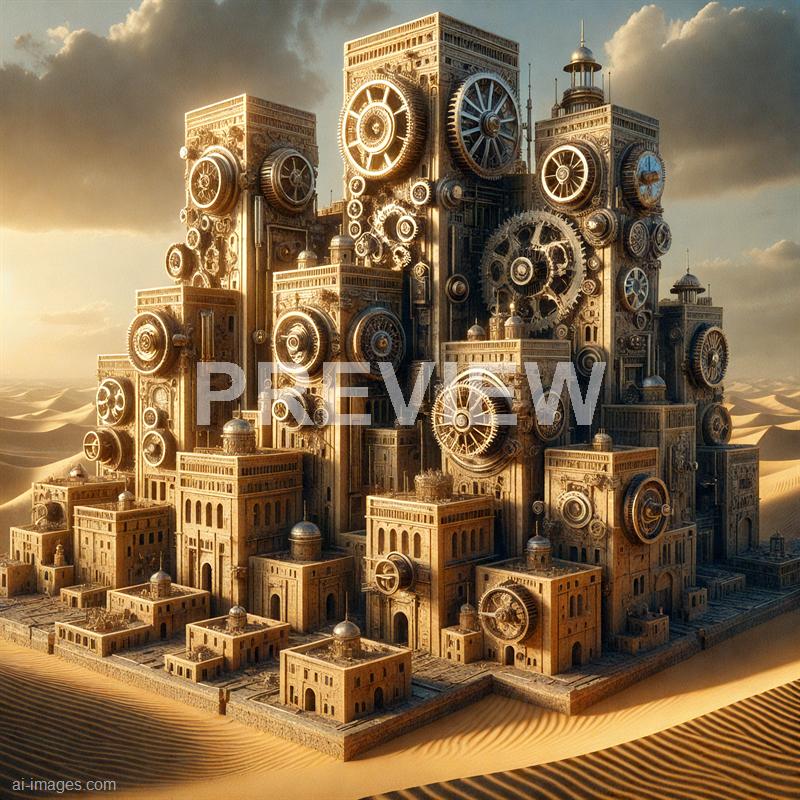 The image depicts a colossal, intricate cityscape built within a desert landscape, characterized by a mixture of ancient and steampunk architectural elements. The city features numerous large, ornate buildings with detailed facades, topped with domes and small towers, all interconnected and surrounded by a sturdy wall. Dominating the scene are massive, complex gears and machinery integrated into the structures, giving a mechanical, steampunk aesthetic. The background shows a vast expanse of sand dunes under a partly cloudy sky, emphasizing the desert setting.